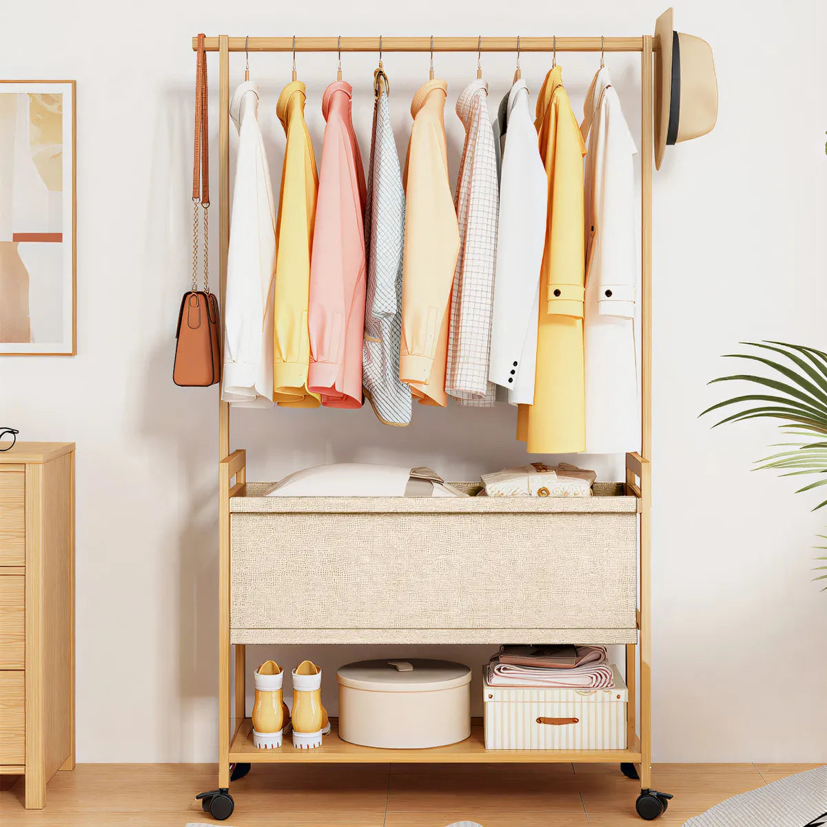 Organizador Perchero Con Rueda Gancho Canasto 70x160cm Madera
