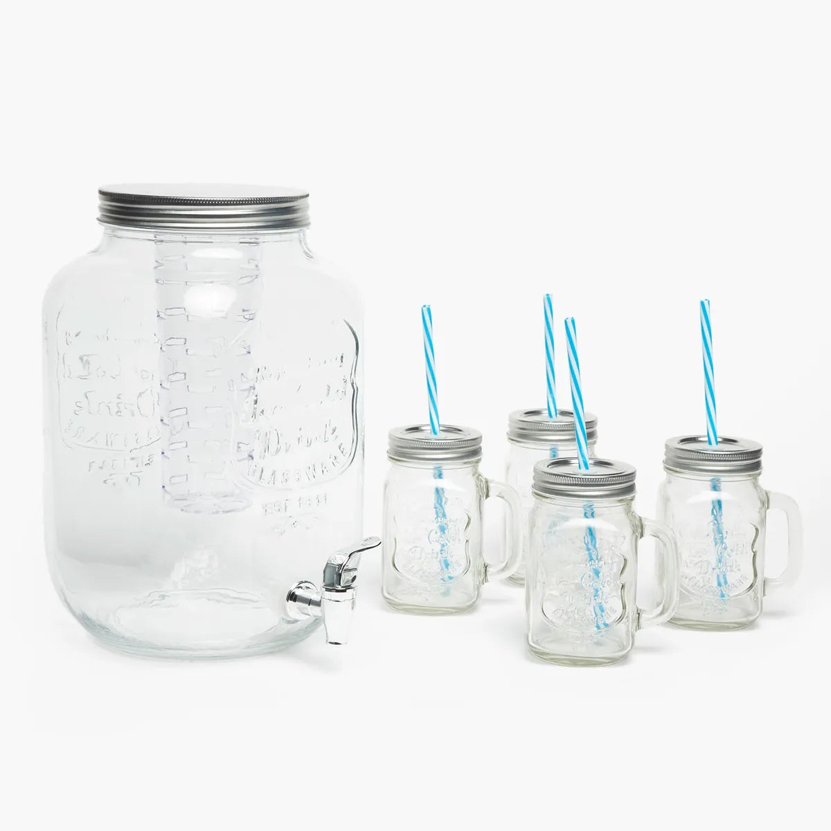 Set Dispensador Agua Mica 8 Litros con 4 Vasos Mason Jars