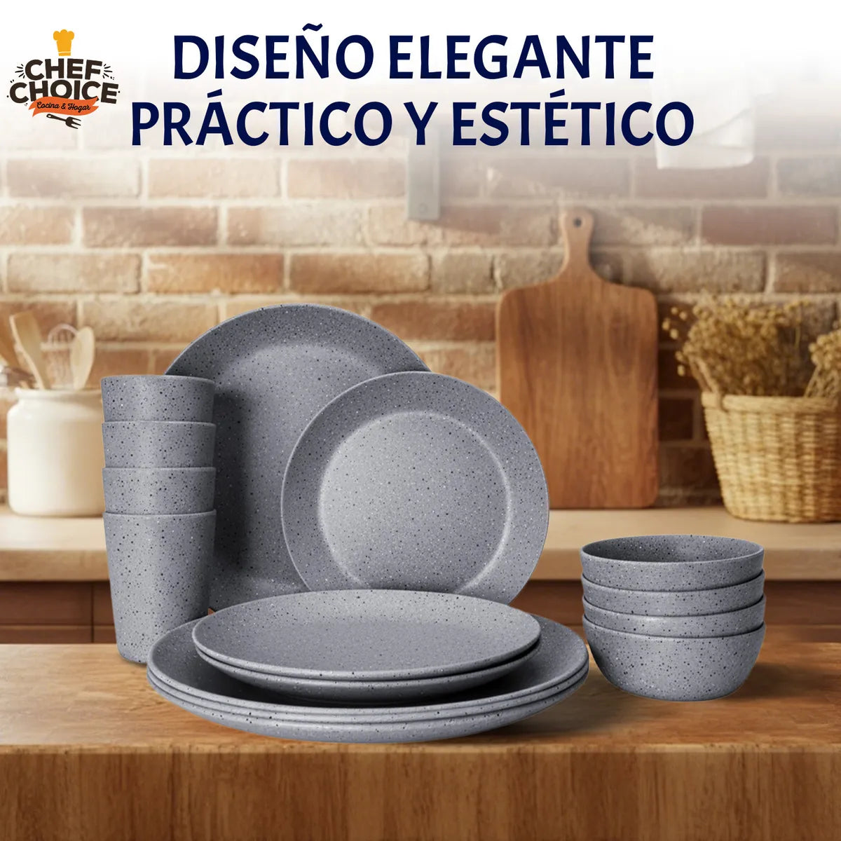 Set 16 Pcs Juego De Vajilla Completo Melamina Gray Speckled