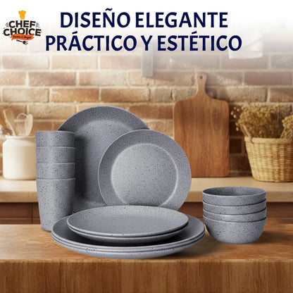 Set 16 Pcs Juego De Vajilla Completo Melamina Gray Speckled