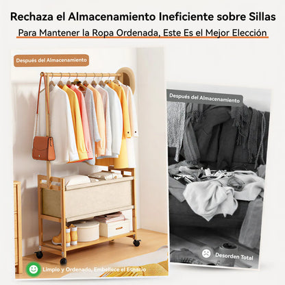 Organizador Perchero Con Rueda Gancho Canasto 70x160cm Madera