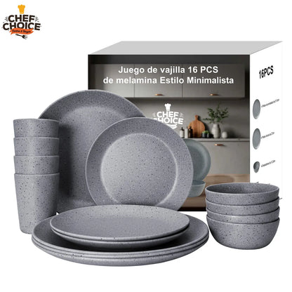 Set 16 Pcs Juego De Vajilla Completo Melamina Gray Speckled