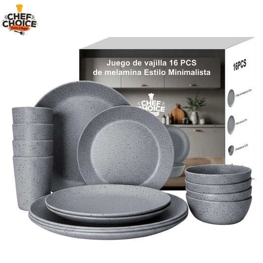 Set 16 Pcs Juego De Vajilla Completo Melamina Gray Speckled